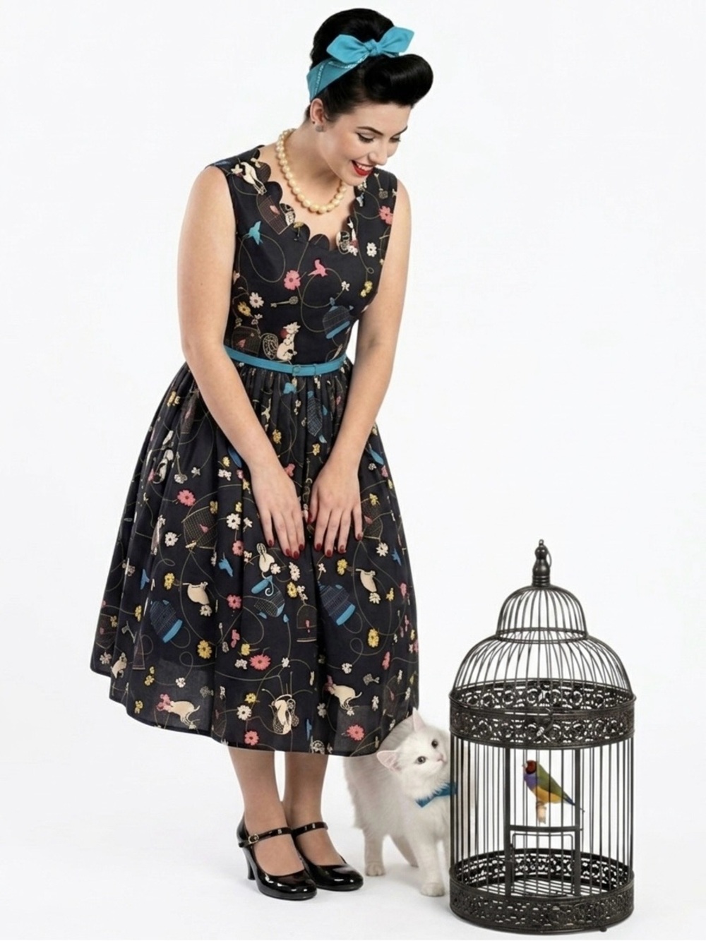 Lindy Bop Daria Birdcage Cat floral Dress scalloped neckline rockabilly pinup 4